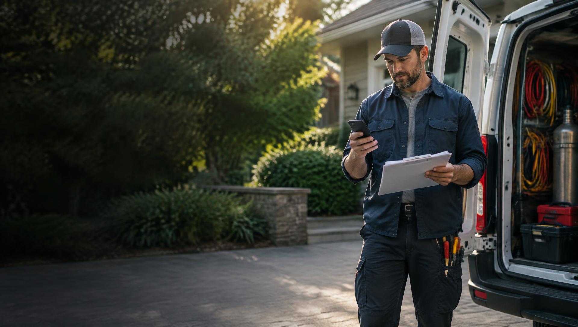 Tradesperson checking his phone beside an open service van